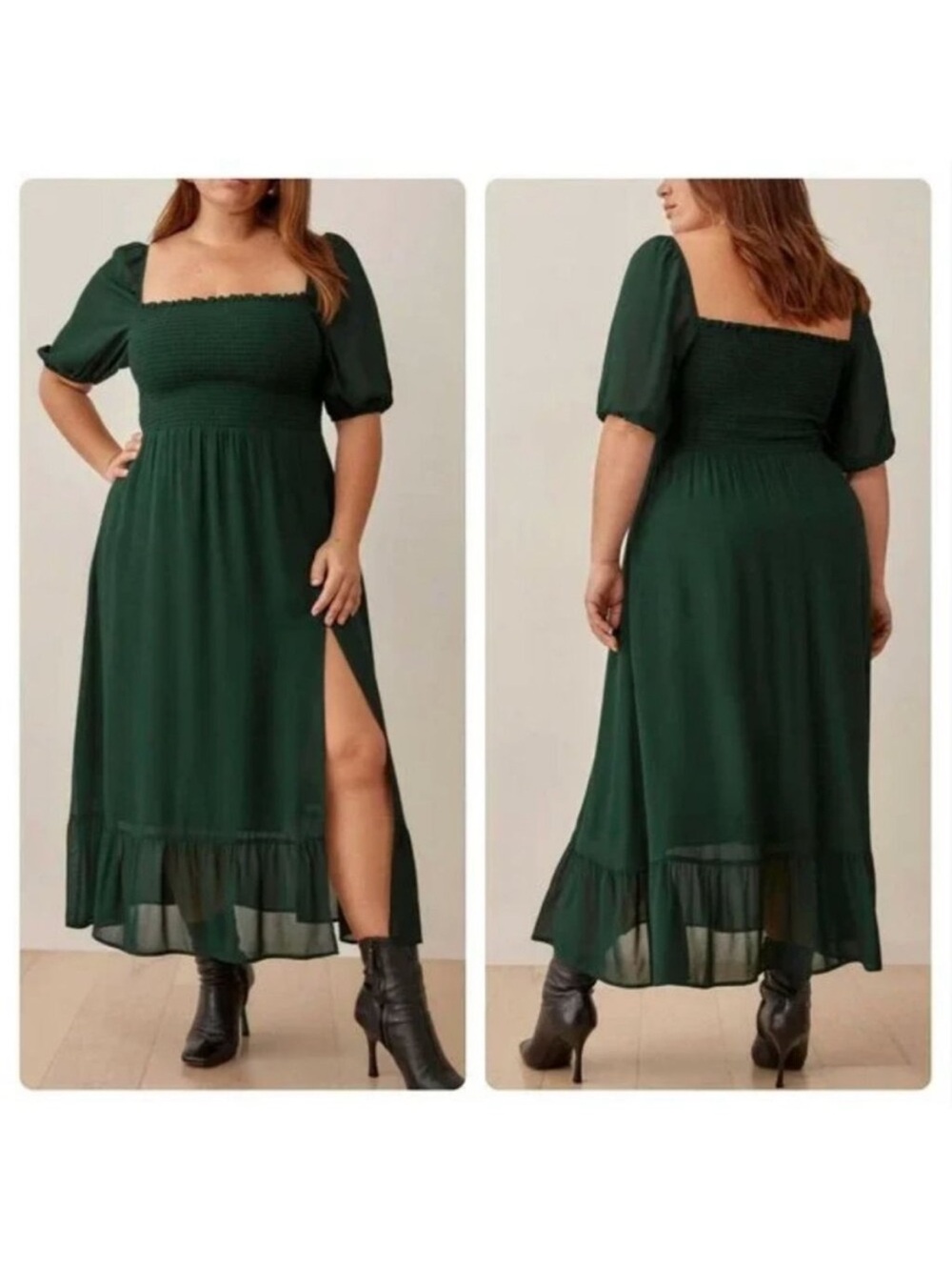 Reformation Meadow Dress Es Short Sleeve Smocked Midi Forest Green 1X
